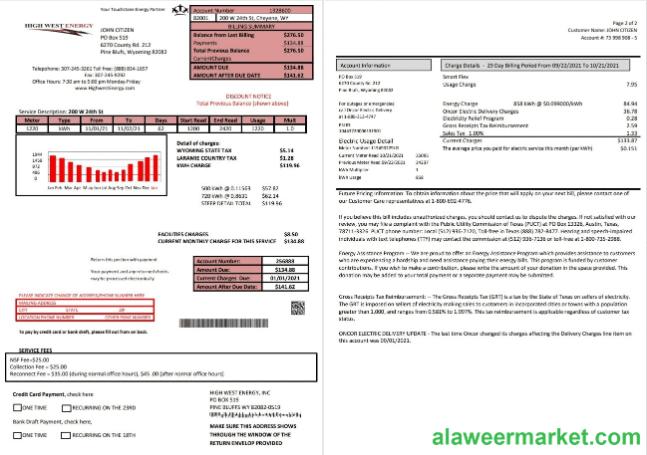 USA Wyoming High West Energy utility bill in Word anf PDF format (2 pages)